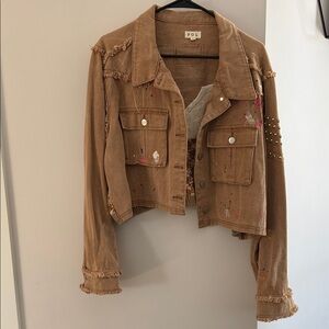POL Brown Cropped Utility Jacket with Stud Accents and sweater back detail